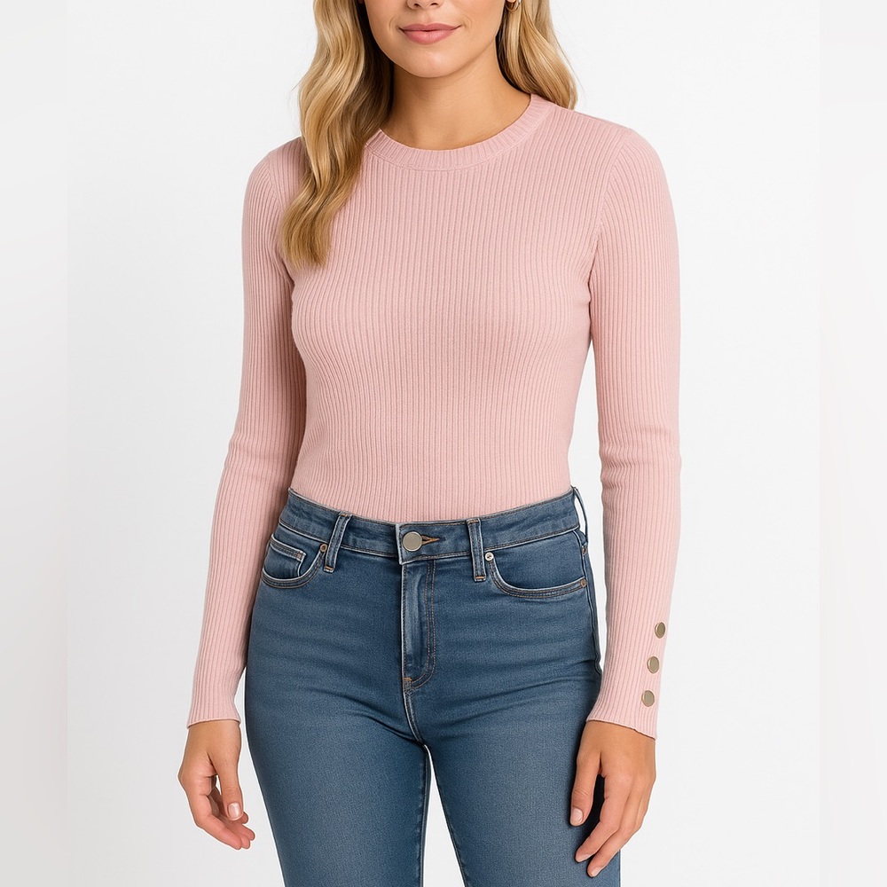 Ribbed Button-Sleeve Sweater – Beige Size M Feminine Lightweight Knit